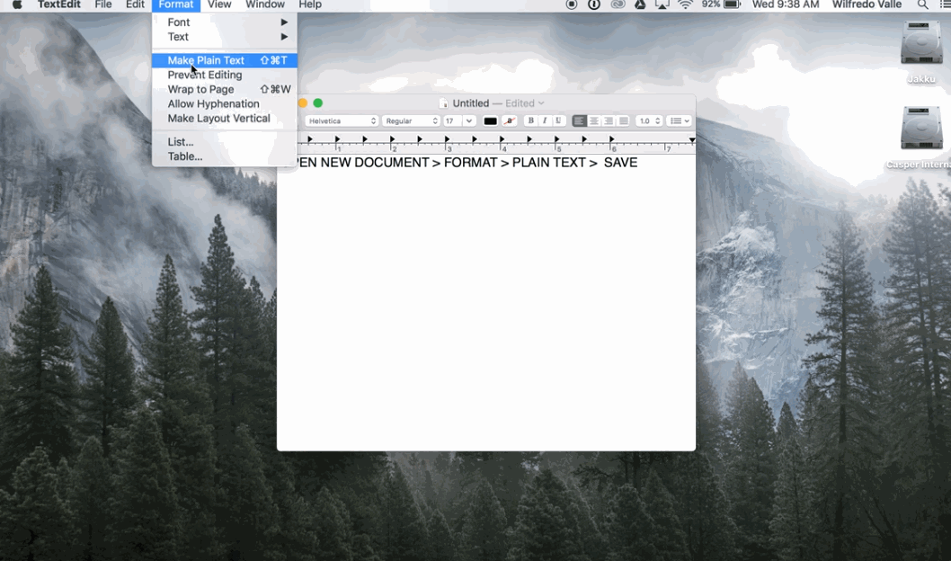 Screenshot of TextEdit on a Mac, illustrating how to save a file as plain text with UTF-8 encoding. The 'Convert to Plain Text' option is selected from the Format menu, and 'UTF-8' is chosen in the encoding settings.