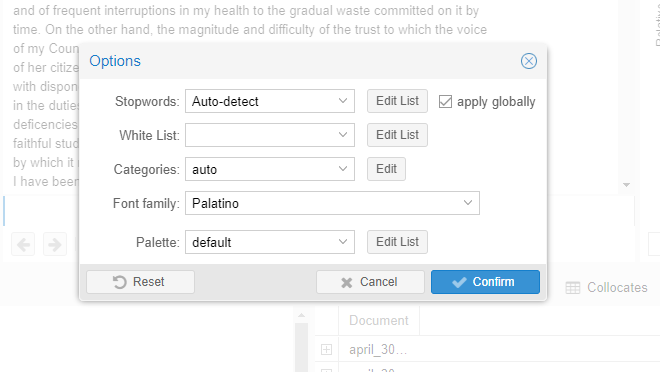 Settings window in Voyant Tools showing how to edit the stop word list for the Cirrus word cloud. Users can add or remove words from the list to refine the analysis.