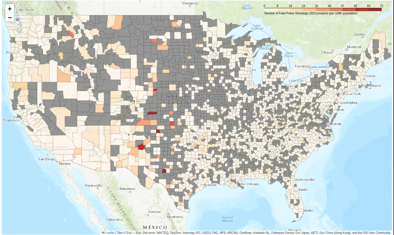 A map showing the number of police killings per 100k.