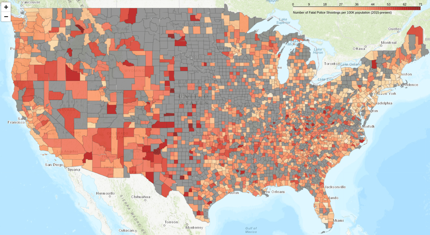 A map of police killings per 100k using a log-scale