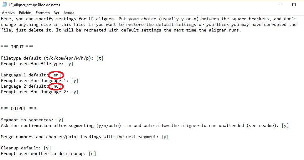 Configuración por defecto: inglés y húngaro
