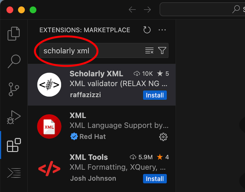 Side panel of VS Code showing extensions marketplace with search for scholarly XML highlighted