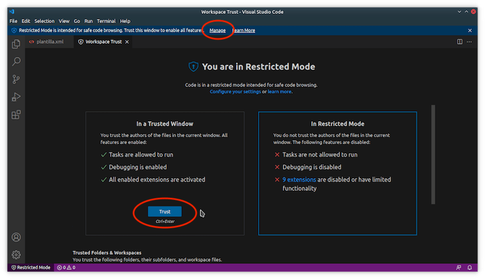 Popup window with that allows the user to exit restriced mode and choose to work in a trusted window