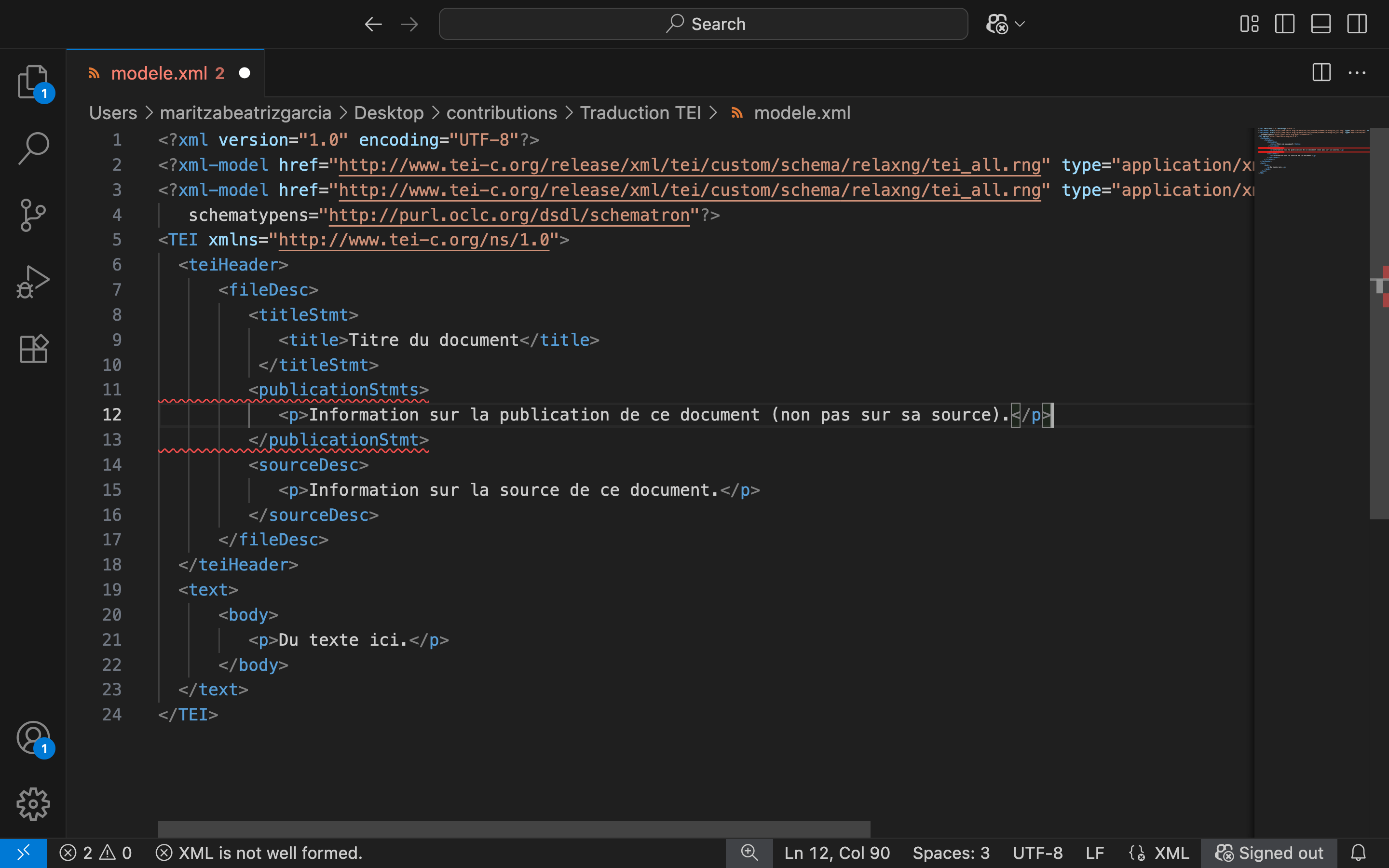 Détecter des erreurs XML sur VS Code, figure obtenue par la capture d'écran d'une fenêtre de VS Code. En raison d'une erreur dans le nom de la balise ouvrante 'publicationStmts', celle-ci et la balise fermante 'publicationStmt' sont soulignées en rouge.