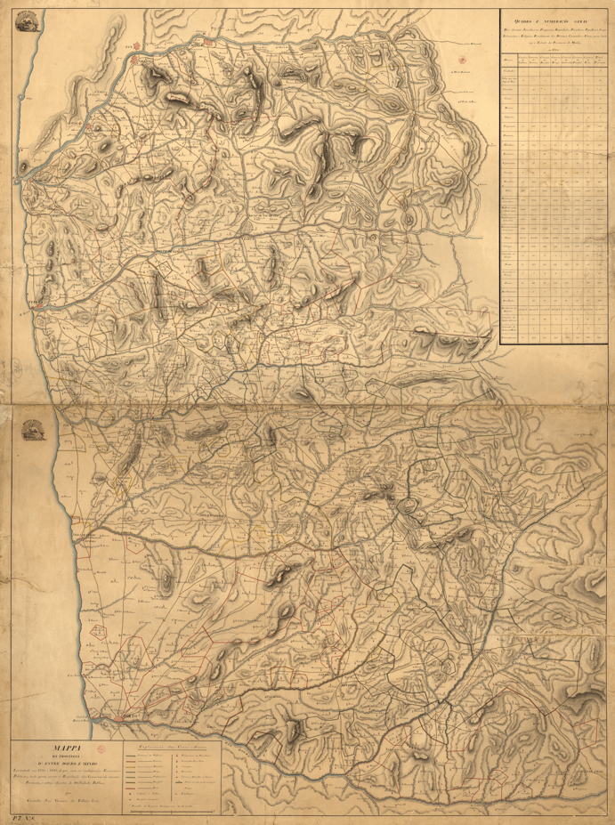 Mapa antigo representando a porção noroeste de Portugal entre os rios Minho (Norte) e Douro (Sul).