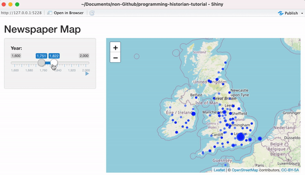 Figure 6. Animated gif demonstrating the Leaflet map updating as the values in the slider input widget are changed.