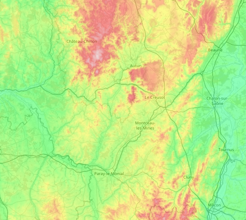 Screenshot from topographic-map.com showing a visual topography of Mont Beuvray and the surrounding French hillcountry, using a color scale to depict lower to higher elevations.